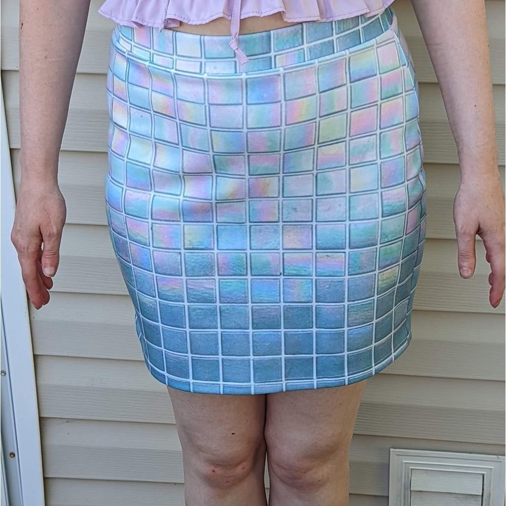 Dolls kill grid skirt l large blue pink yellow fairy kei pencil stretchy